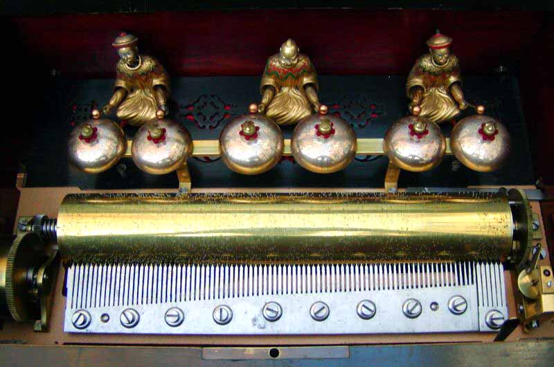 Walzenspieldose um 1880  mit 6 Glocken und Chinesen als Glockenhmmer
